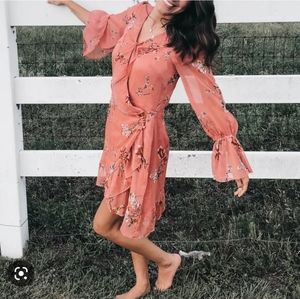 Willow & Clay Floral Wrap Dress in Coral Pink